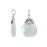 Sterling silver teardrop pendant with luminous Mother of Pearl – handcrafted Bali jewelry with elegant scrollwork, a timeless gift of elegance